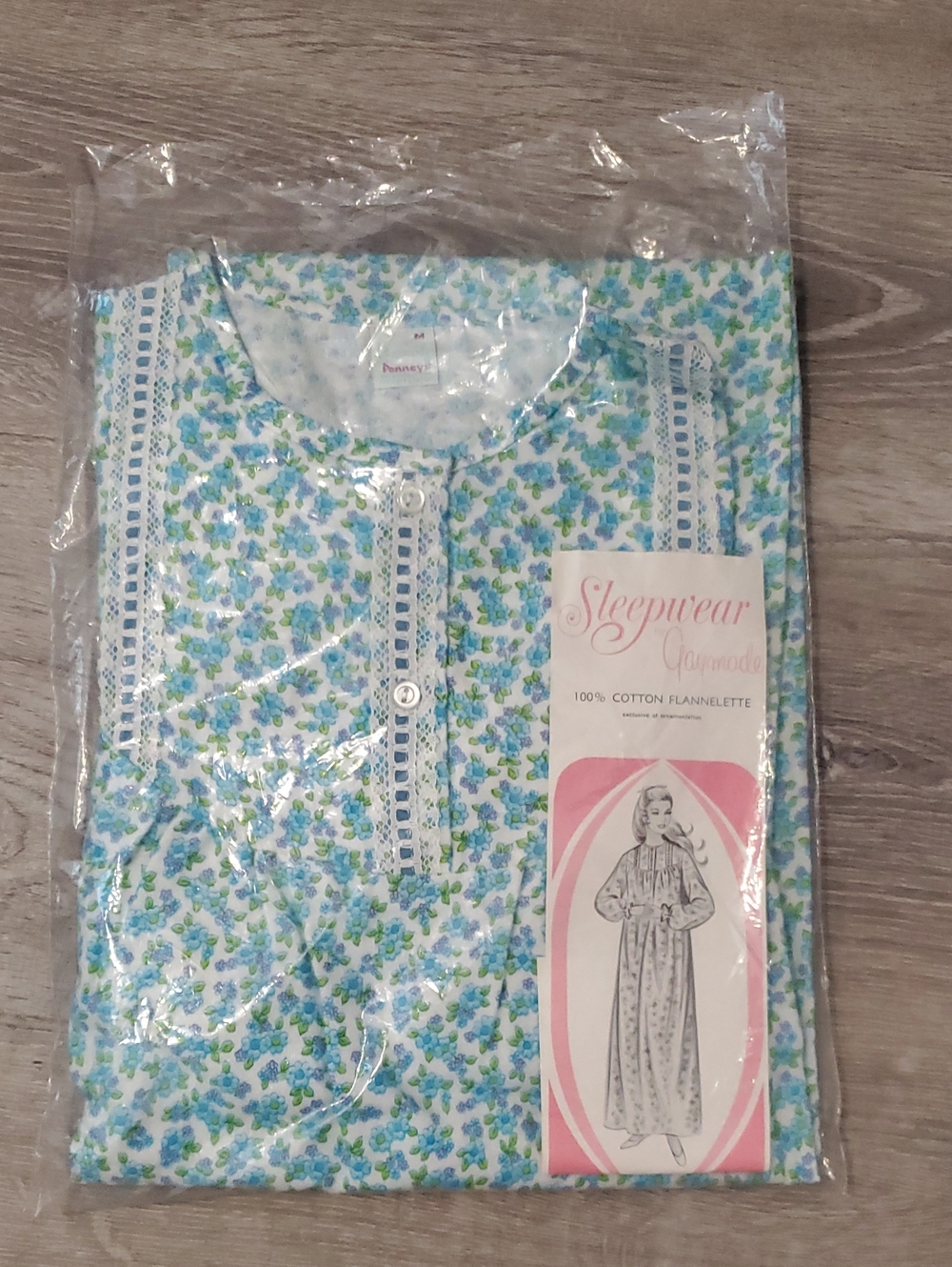 Rare VTG 60s Deadstock Penneys Gaymode Flannel Nightgown Blue Floral NIP Size M